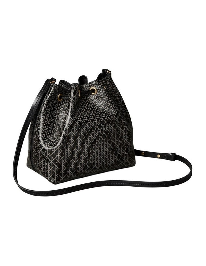Emblem Allover Print Drawstring Crossbody Bag in Black