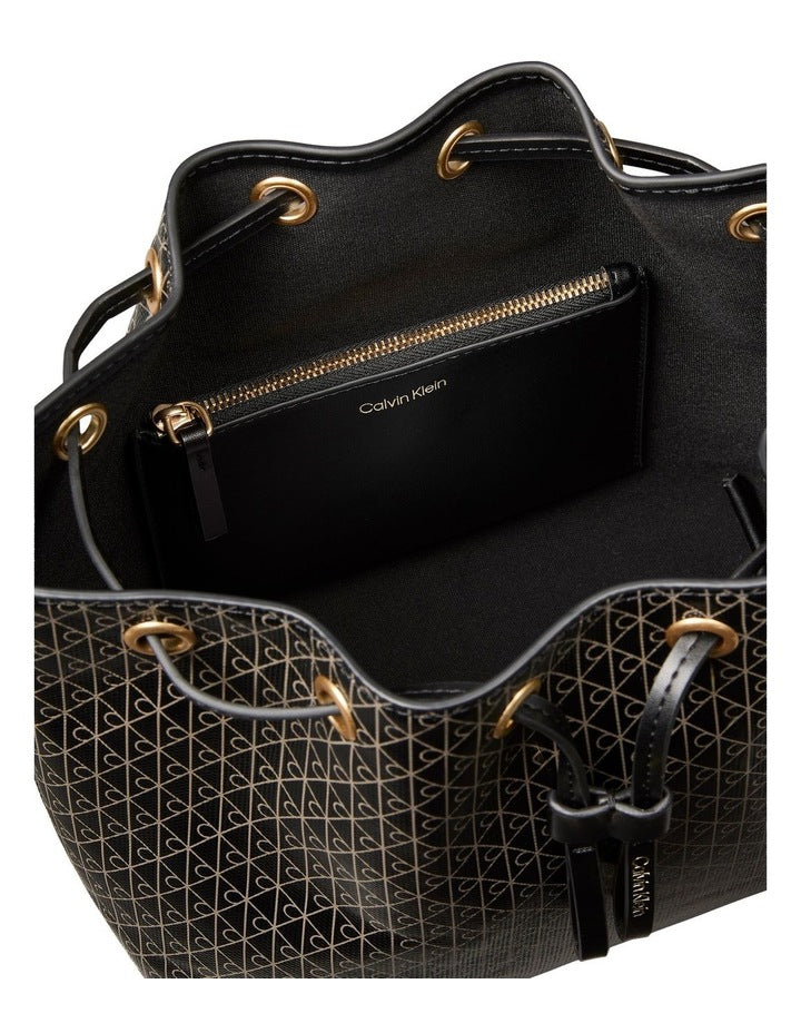 Emblem Allover Print Drawstring Crossbody Bag in Black