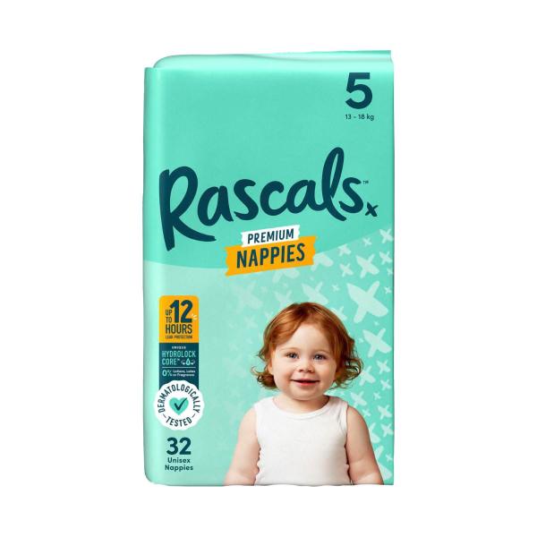 RASCALS PREMIUM NAPPIES SIZE 5 (13-18KG) 32 PACK