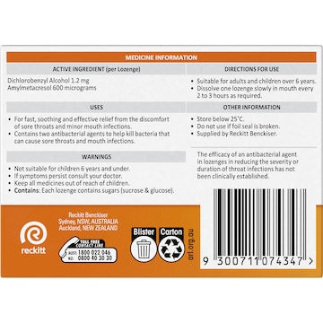 Strepsils Double Antibacterial Soothing Sore Throat Lozenges Orange 16 pack