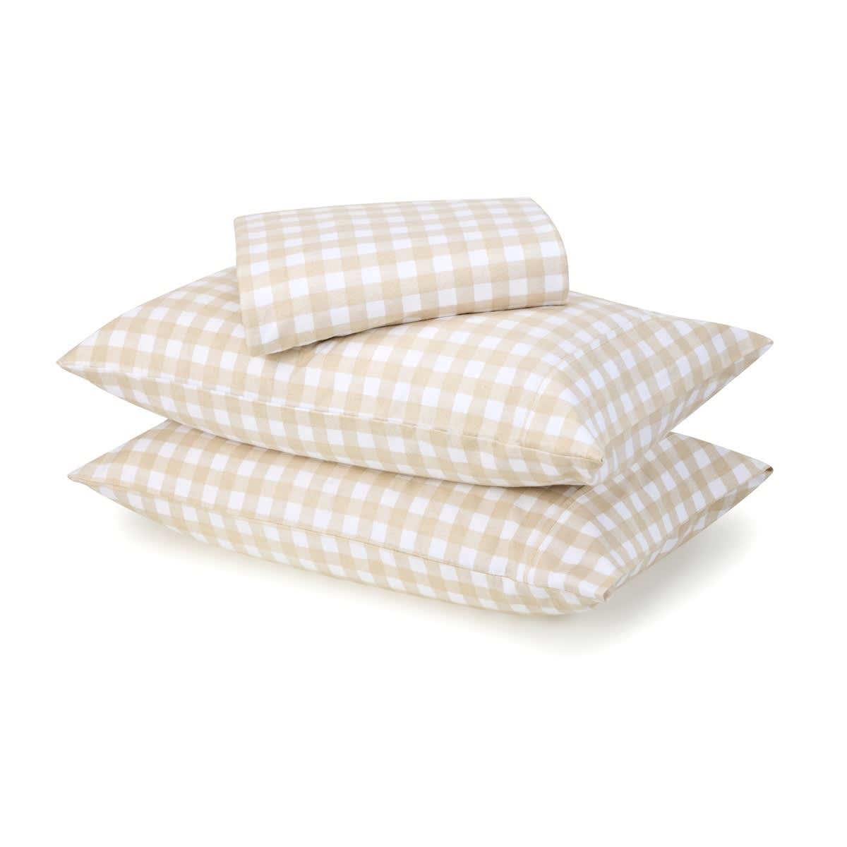 Gingham Cotton Flannelette Sheet Set - Double Bed, Tan