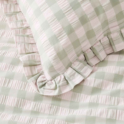Gingham Ruffle Cotton Quilt Cover Set - King Bed, Sage and Pink