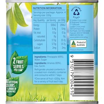 Golden Circle Australian Canned Fruit Tinned Pineapple Pieces in Syrup 450g