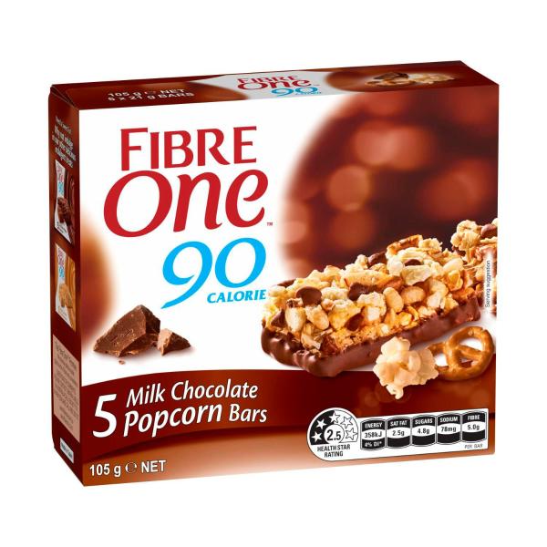 FIBRE ONE 90 CALORIE MILK CHOCOLATE POPCORN SNACK BARS 5 PACK 105G