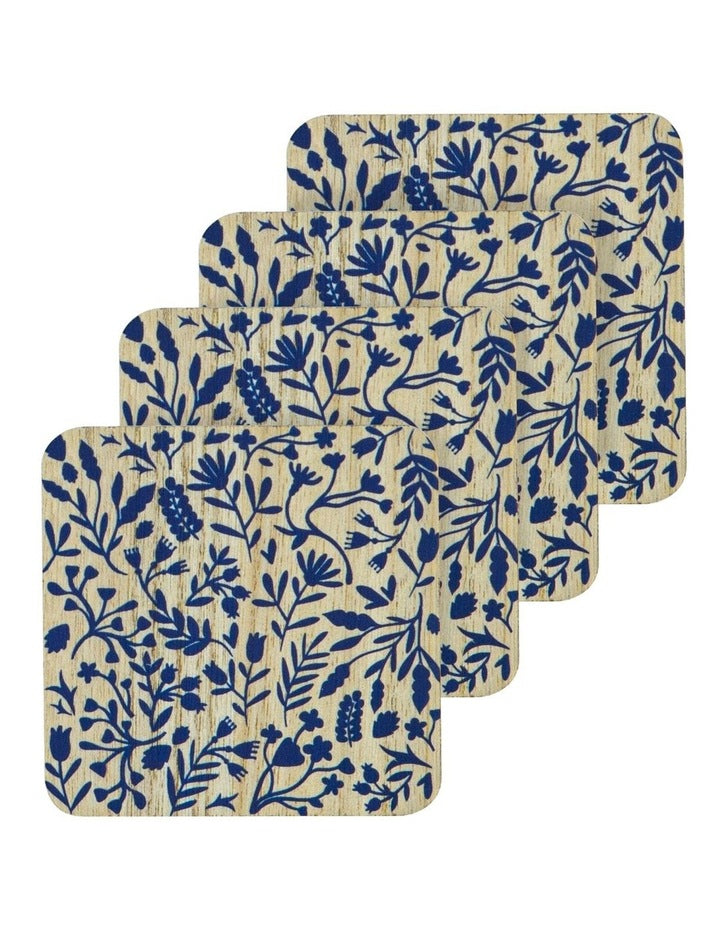 Veneer Foliage 4pk Coaster Blue