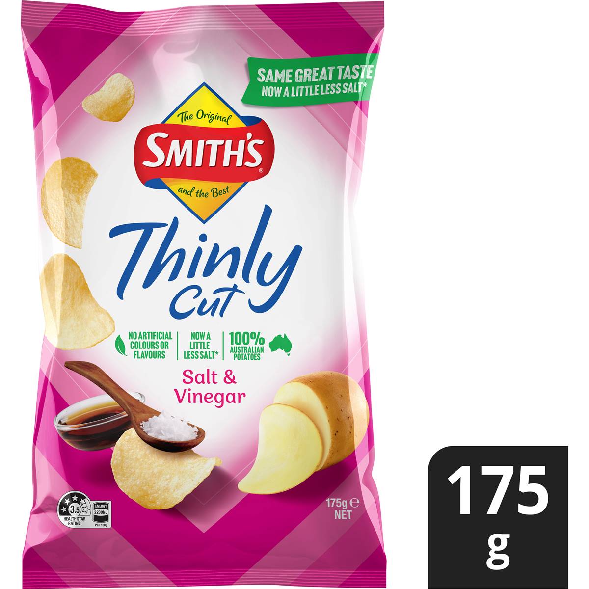 Smith's Thinly Cut Potato Chips Share Pack Salt & Vinegar 175g