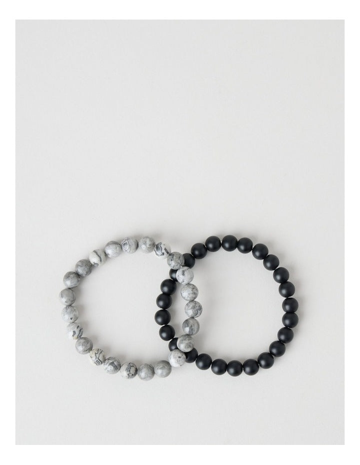 Semi Precious Bracelet 2 Pack in Black and Grey