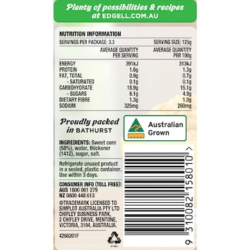 Edgell Australian Grown Creamed Corn Picked & Pureed 420g