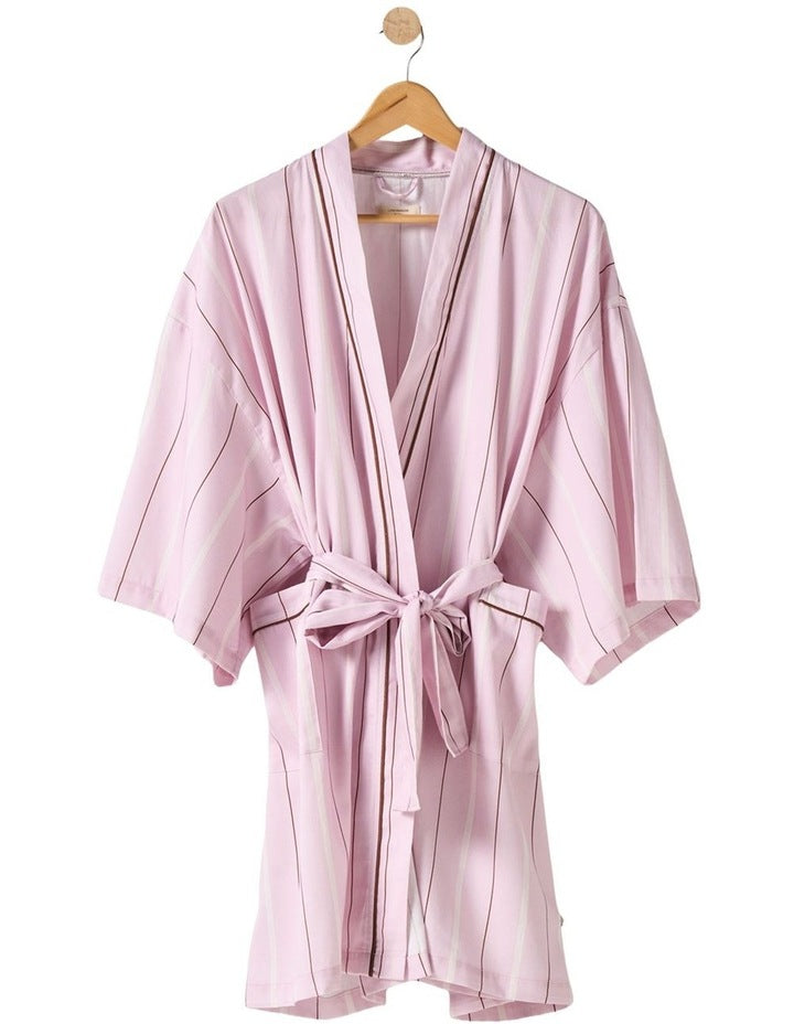 Monday Stripe Cotton Sateen Short Robe In Lilac