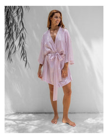 Monday Stripe Cotton Sateen Short Robe In Lilac