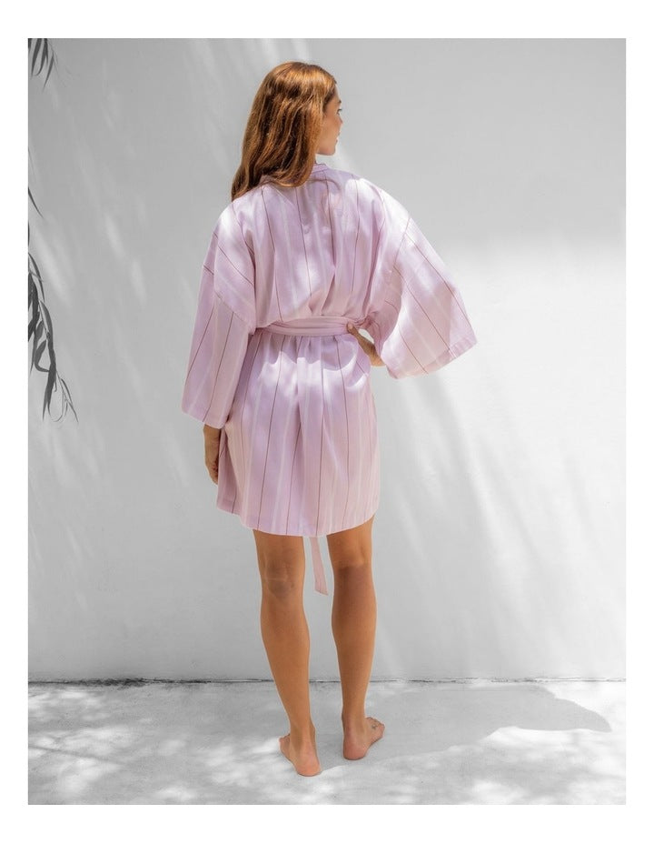 Monday Stripe Cotton Sateen Short Robe In Lilac