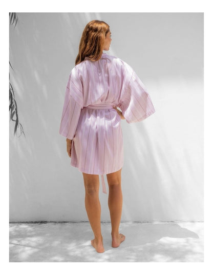 Monday Stripe Cotton Sateen Short Robe In Lilac