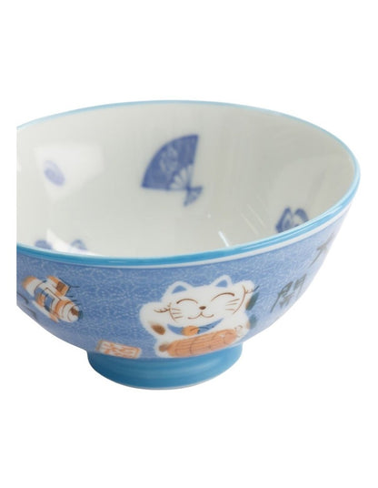 Kawaii Rice Bowl 11.5x6cm Cat Neko Fortune Blue