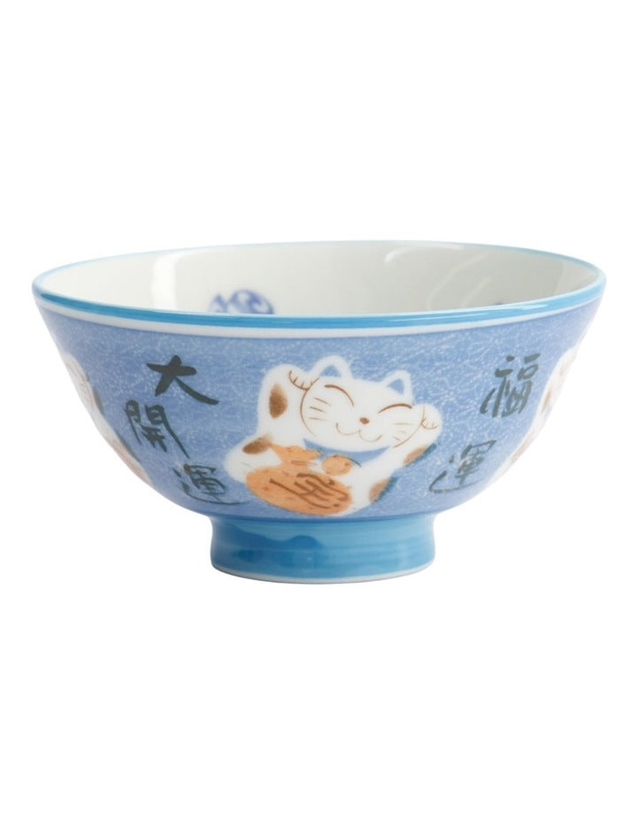 Kawaii Rice Bowl 11.5x6cm Cat Neko Fortune Blue