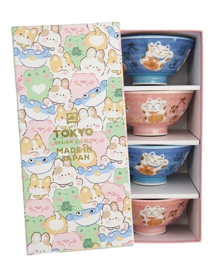 Kawaii Neko Cat Bowls 11x6cm Set of 4 Gift Boxed Assorted