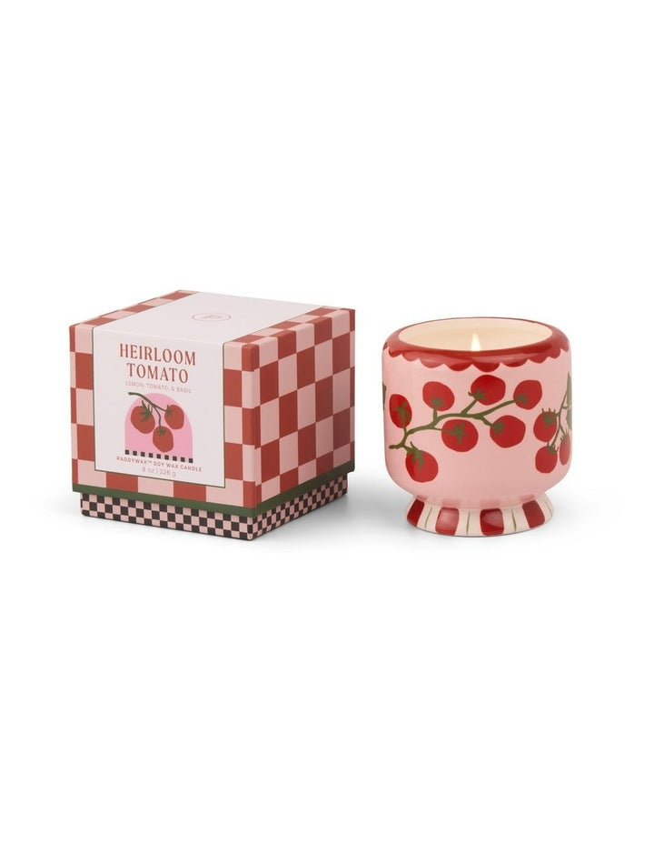 A dopo 8oz Hand Painted Tomato Vine Ceramic Candle in Heirloom Tomato