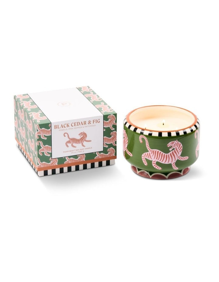 A dopo 24 oz Ceramic Tiger Candle - Black Cedar & Fig