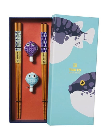 Chopstick Blow Fish Chopsticks with Rest 4pc Gift Boxed Assorted