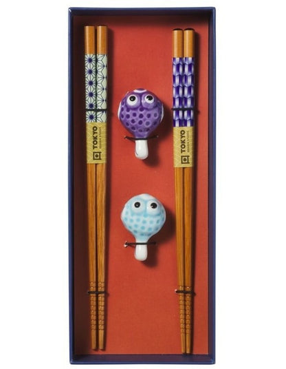 Chopstick Blow Fish Chopsticks with Rest 4pc Gift Boxed Assorted