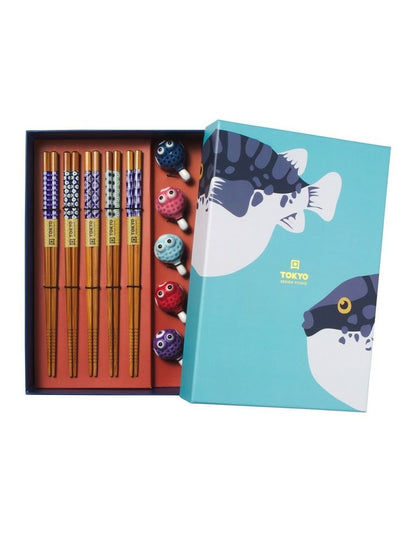 Chopstick Blow Fish Chopsticks with Rest 10pc Gift Boxed Assorted