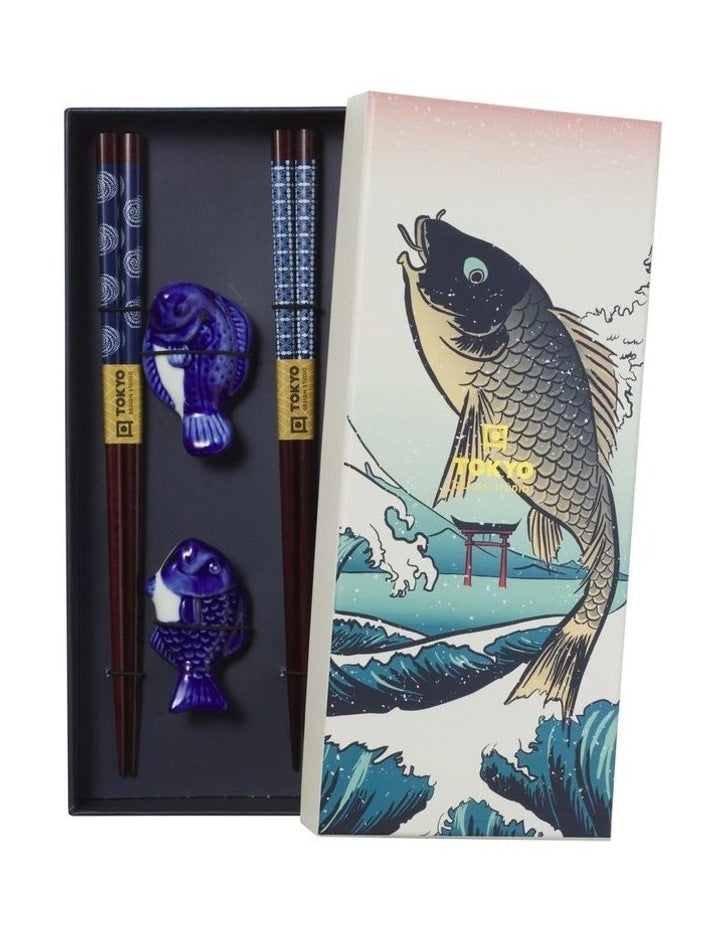 Chopstick Blue Fish Chopsticks with Rest 4pc Gift Boxed Assorted
