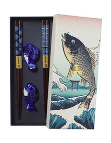 Chopstick Blue Fish Chopsticks with Rest 4pc Gift Boxed Assorted
