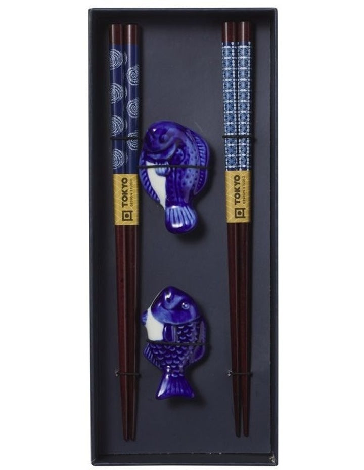 Chopstick Blue Fish Chopsticks with Rest 4pc Gift Boxed Assorted