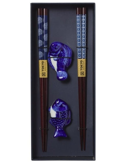 Chopstick Blue Fish Chopsticks with Rest 4pc Gift Boxed Assorted