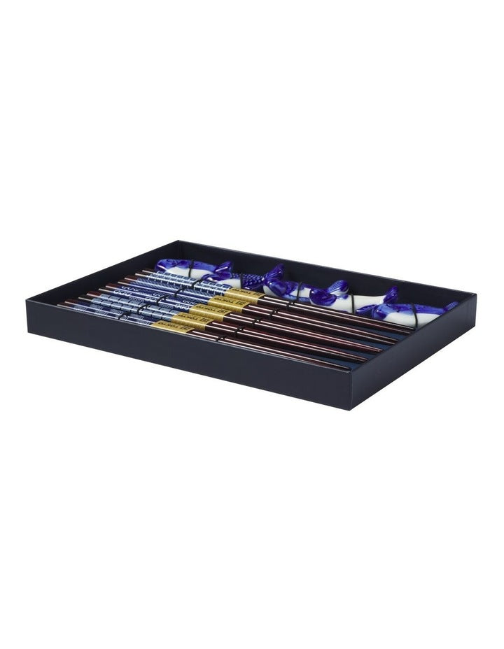 Chopstick Blue Fish Chopsticks with Rest 10pc Gift Boxed Assorted