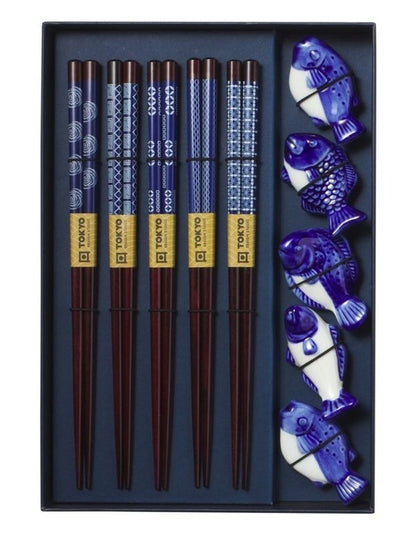 Chopstick Blue Fish Chopsticks with Rest 10pc Gift Boxed Assorted