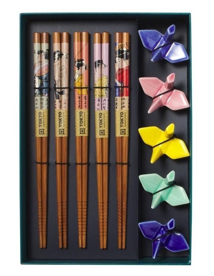 Chopstick Crane Chopsticks with Rest 10pc Gift Boxed Assorted