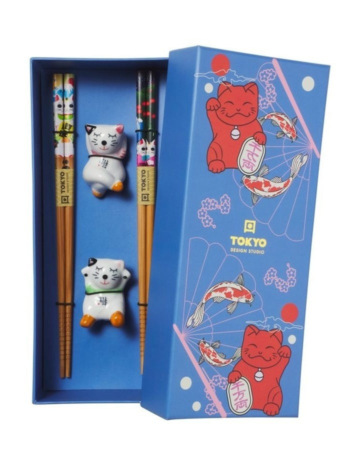 Chopstick Lucky Cat Chopsticks with Rest Hanami 4pc Gift Boxed Assorted