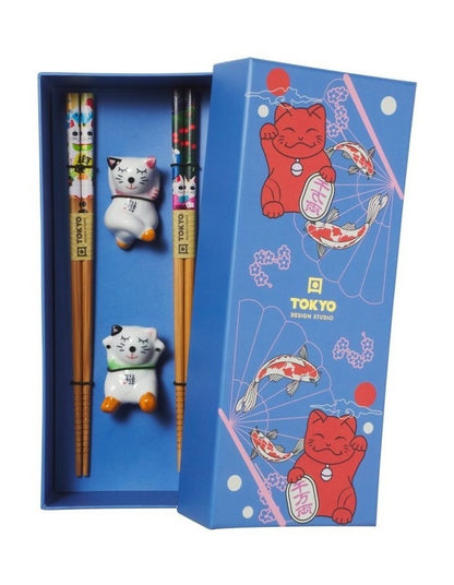 Chopstick Lucky Cat Chopsticks with Rest Hanami 4pc Gift Boxed Assorted