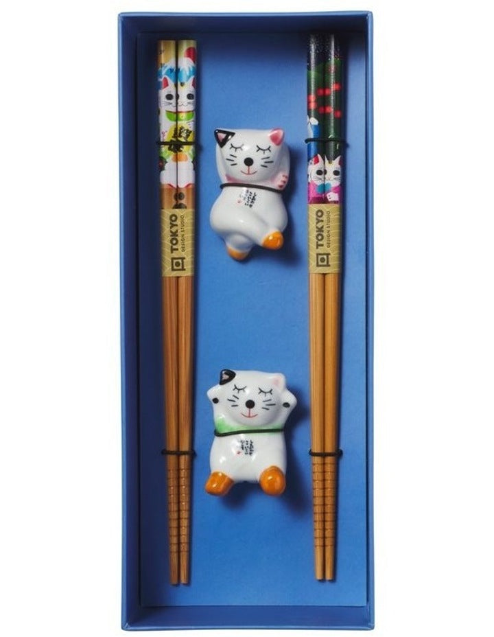 Chopstick Lucky Cat Chopsticks with Rest Hanami 4pc Gift Boxed Assorted