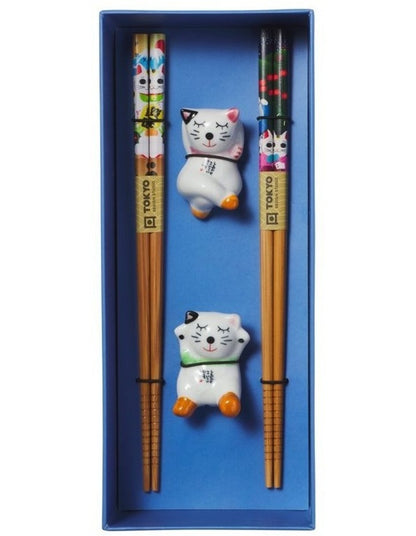 Chopstick Lucky Cat Chopsticks with Rest Hanami 4pc Gift Boxed Assorted