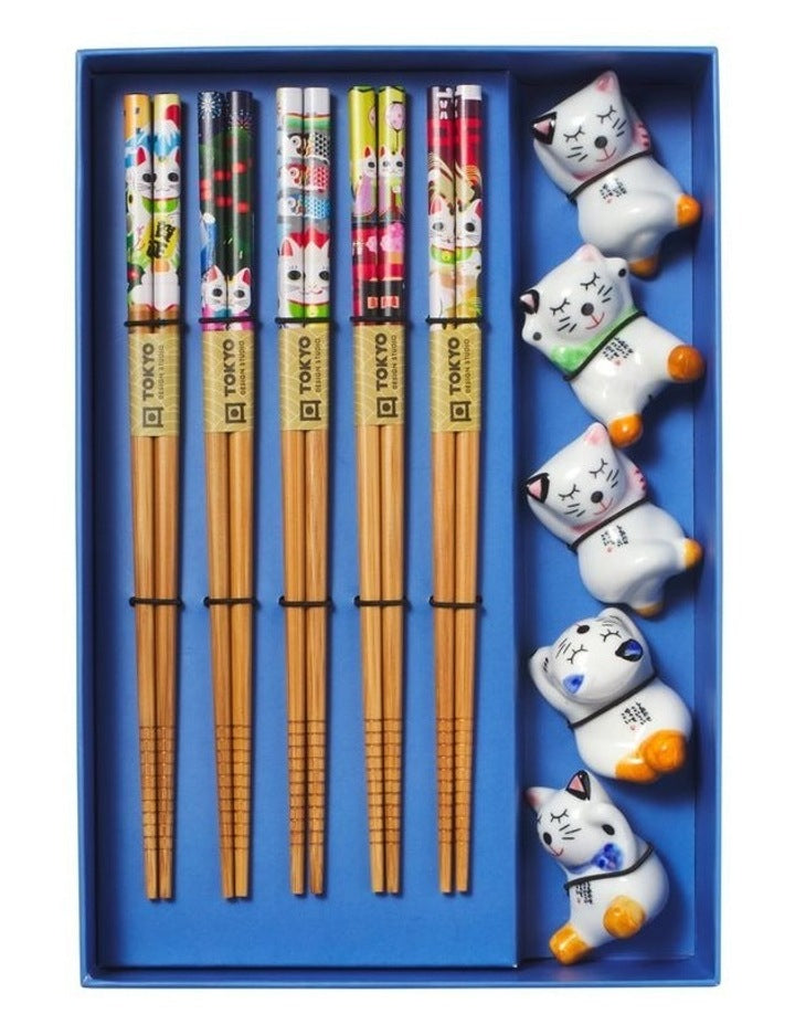 Chopstick Lucky Cat Chopsticks with Rest Hanami 10pc Gift Boxed Assorted