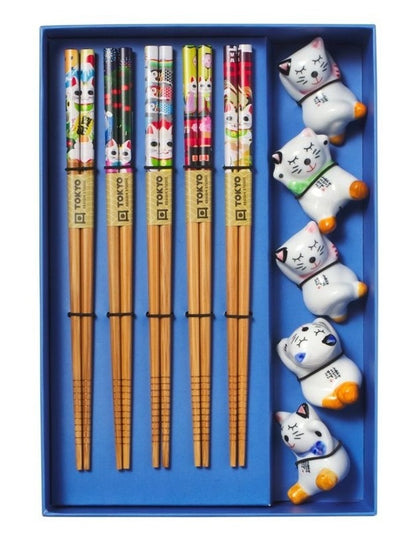 Chopstick Lucky Cat Chopsticks with Rest Hanami 10pc Gift Boxed Assorted