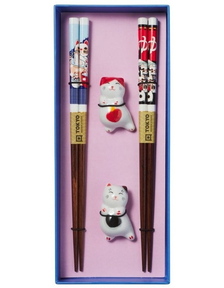 Chopstick Neko Cat Chopsticks with Rest 4pc Gift Boxed Assorted