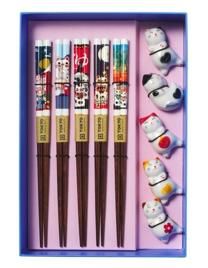 Chopstick Neko Cat Chopsticks with Rest 10pc Gift Boxed Assorted