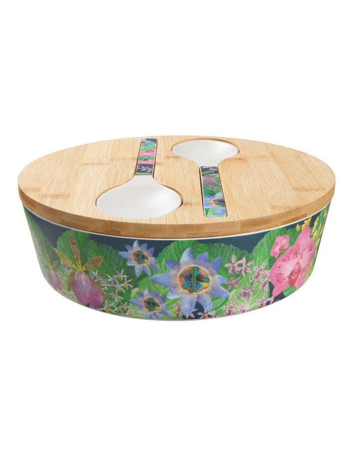 Tropical Twilight Melamine Bowl With Lid 25x9cm & Salad Servers