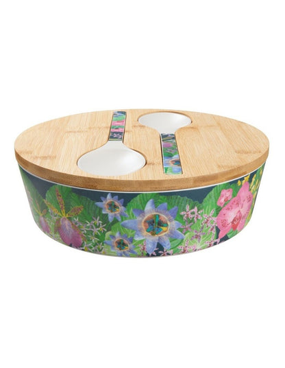 Tropical Twilight Melamine Bowl With Lid 25x9cm & Salad Servers