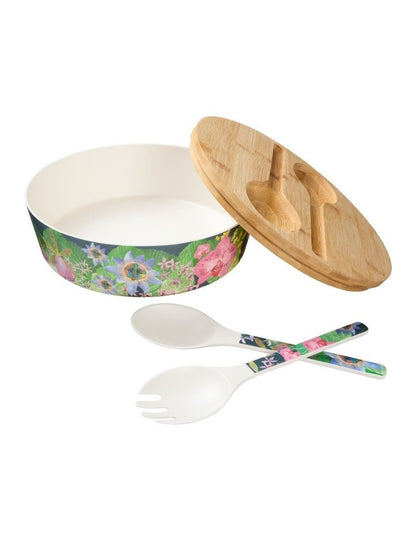 Tropical Twilight Melamine Bowl With Lid 25x9cm & Salad Servers