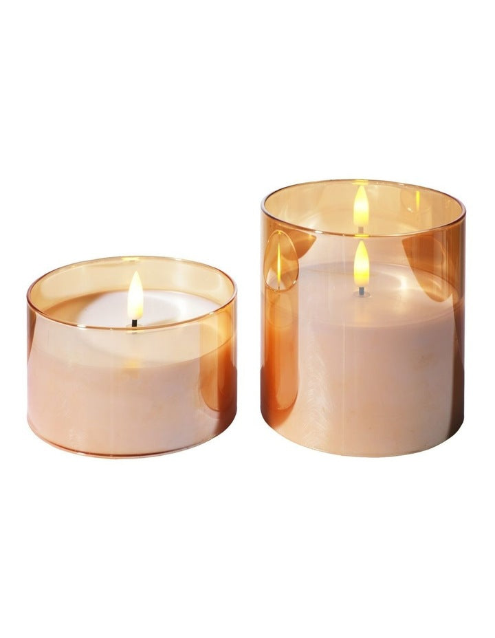 Let's Get Lit LED Flameless Candle Glass Hurricane Gold Set of 2 Gift Boxed