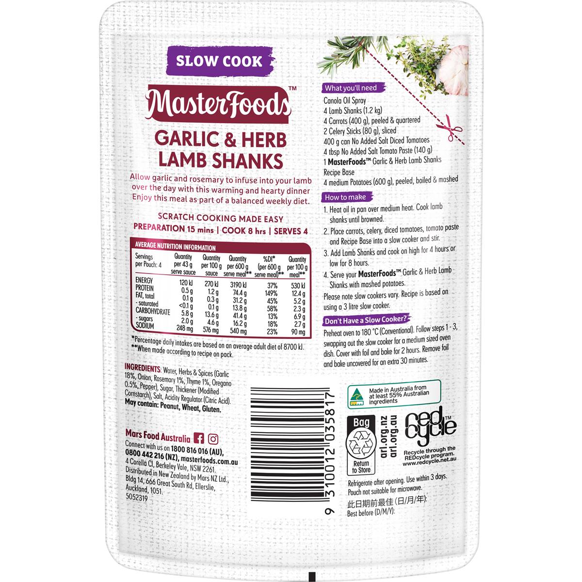 MasterFoods Garlic & Herb Lamb Shanks Slow Cook Recipe Base 175g