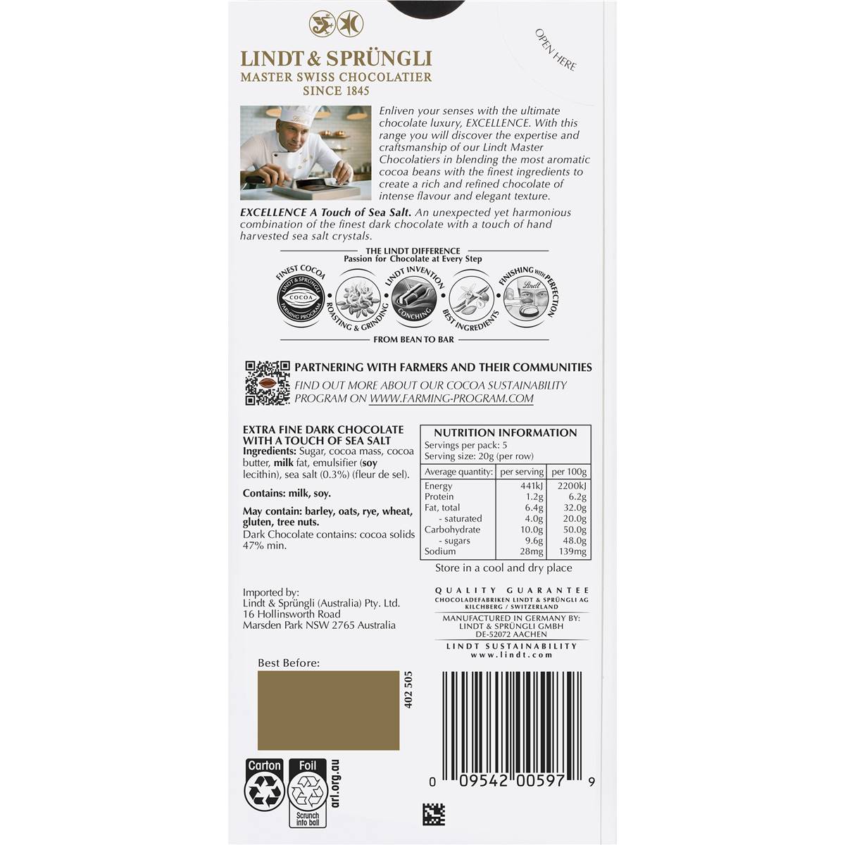 Lindt Excellence Sea Salt Dark Chocolate Block 100g
