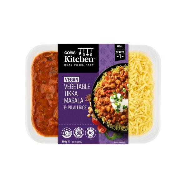 COLES KITCHEN VEGAN VEGETABLE TIKKA MASALA & RICE 350G