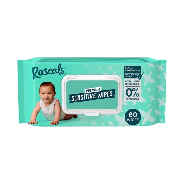 RASCALS PREMIUM SENSITIVE WIPES PLASTIC FREE CLOTH 80 PACK