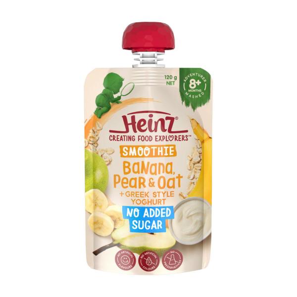 HEINZ SMOOTHIE BANANA- PEAR & OAT + GREEK STYLE YOGHURT BABY FOOD POUCH 120G 8+ MONTHS