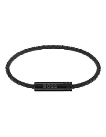 Black Steel & Black Leather Men's Leather Bracelet