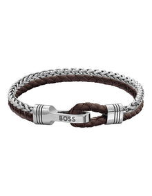 Stainless Steel & Brown Leather Men's Chain & Leather Bracelet